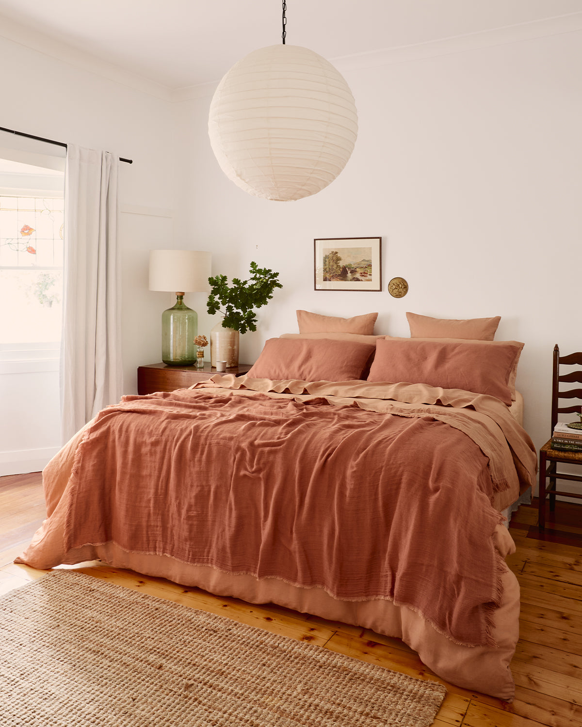 100% French Flax Linen Muslin Throws – Terracotta Hazelnut Bed