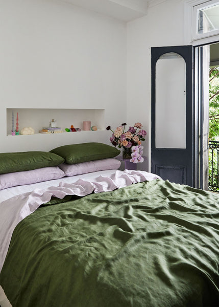 9 Beautiful Bedrooms Featuring Our Olive Linen Sheets