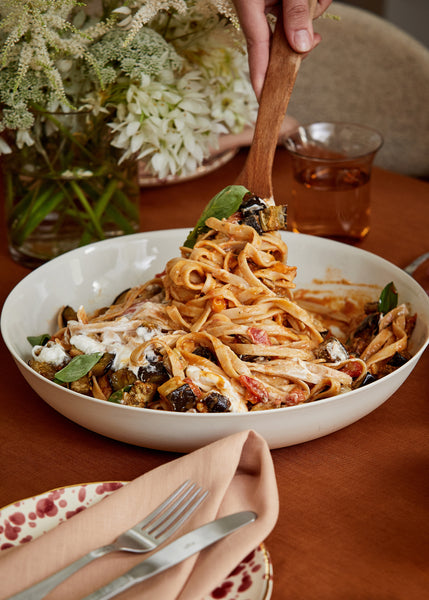 Sian Redgrave's Fettuccine With Cherry Tomatoes, Roasted Eggplant and Burrata