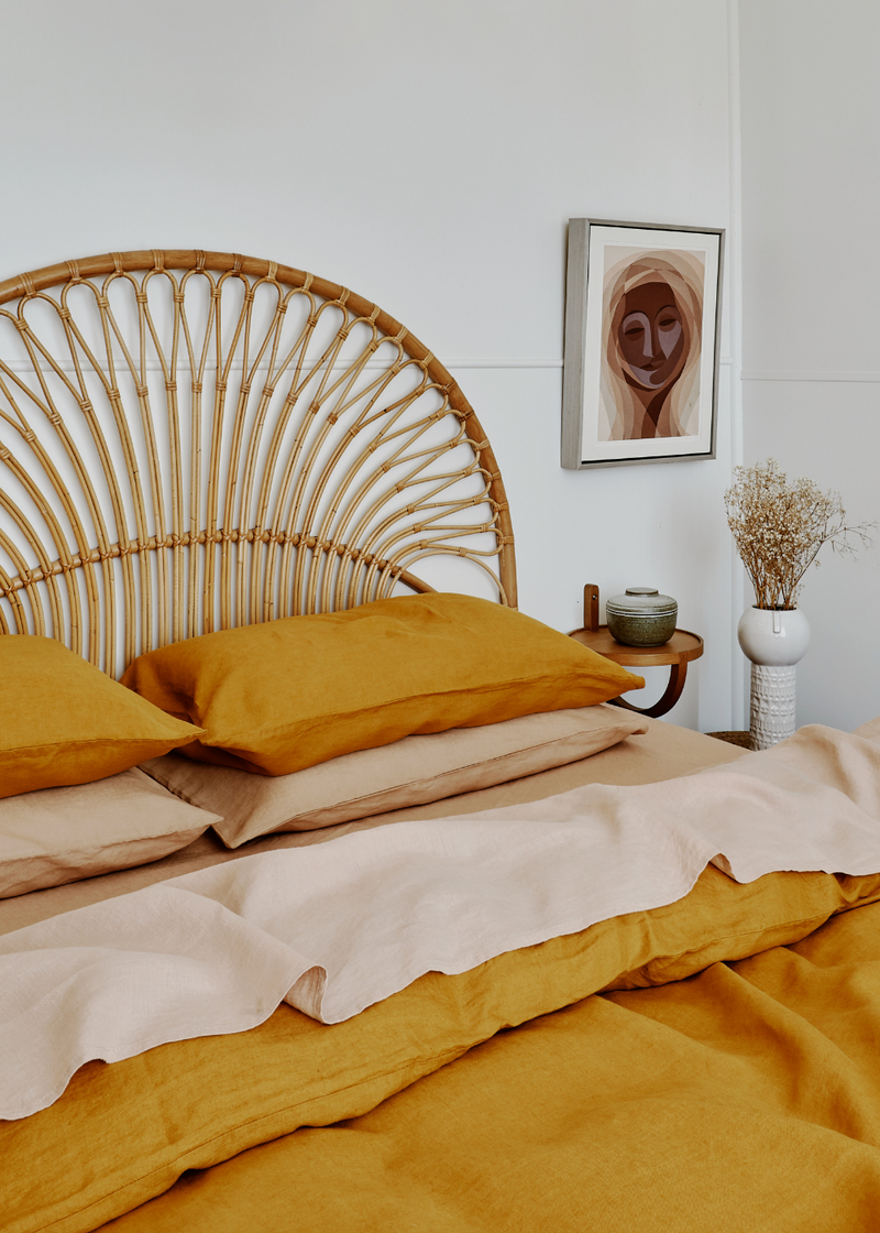 styled bedroom with Turmeric and Rosewater linen sheets