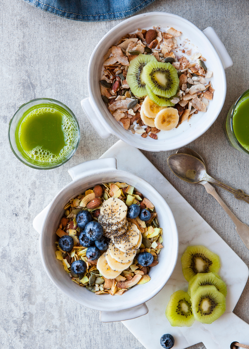 healthy breakfast bowl with oats, milk and fruit