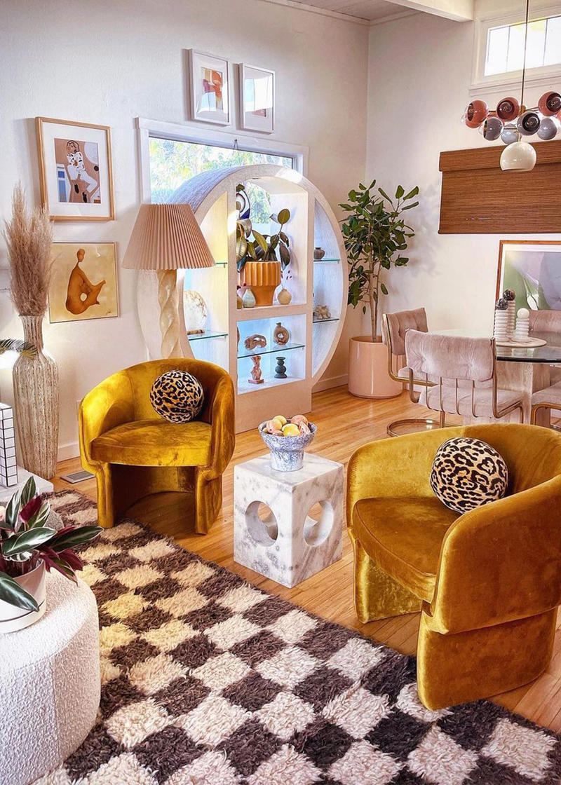 checkerboard interior trend rug, retro living room