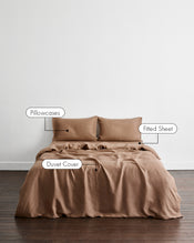 A bed dressed in a warm taupe-brown bedding set called Portobello in 100% french flax linen, including two pillowcases, a fitted sheet, and a duvet cover, shown in a minimalist room with a white wall and dark wood floor. Text labels point to each component. - view