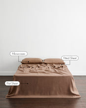 A bed dressed in a brown sheet in the shade Portobello in 100% french flax linen and matching pillowcases, shown in a minimal room with wood flooring. White callout labels point to the pillowcases, fitted sheet, and flat sheet. - view