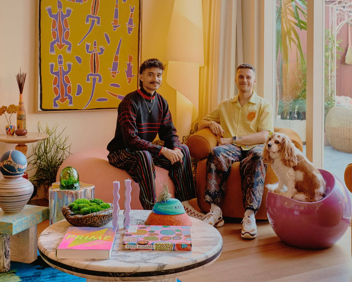 Two men sit in a colorful, modern living room with vibrant decor and quirky art. One man sits on an orange sofa, the other on its arm. A dog sits in a purple ball chair, surrounded by playful furniture and bright accessories.