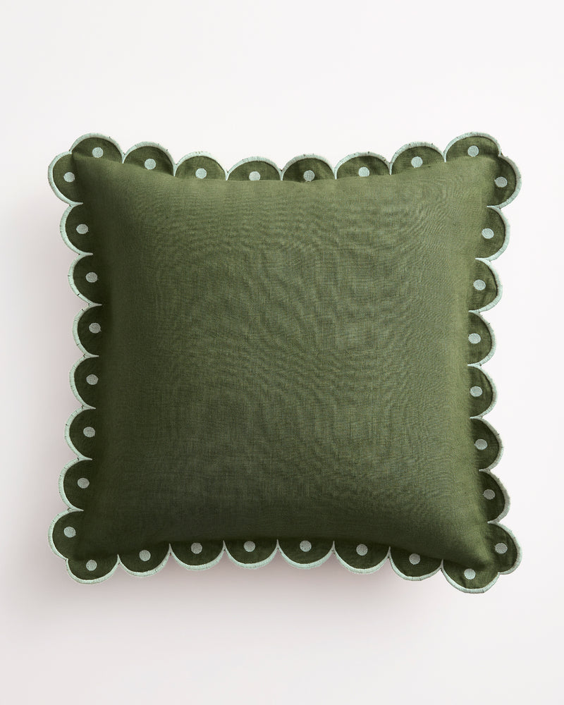 The Olive & Sage 100% French Flax Linen Arch Cushion Cover by Bed Threads features a square olive green design with an arch border, scalloped edges, and circular cutout pattern—shown on a plain white background.