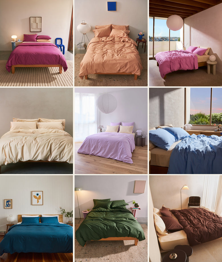 A grid of nine bedrooms, each with a different colored bedding set, including shades of purple, peach, pink, beige, lavender, blue, teal, green, and brown, all in modern, stylishly decorated rooms.