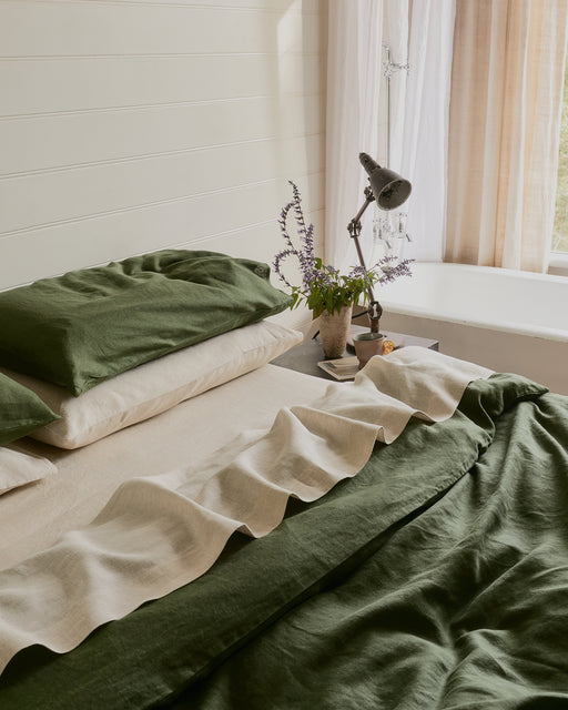 Olive & Oatmeal & White Stripe 100% French Flax Linen Bedding Bundle