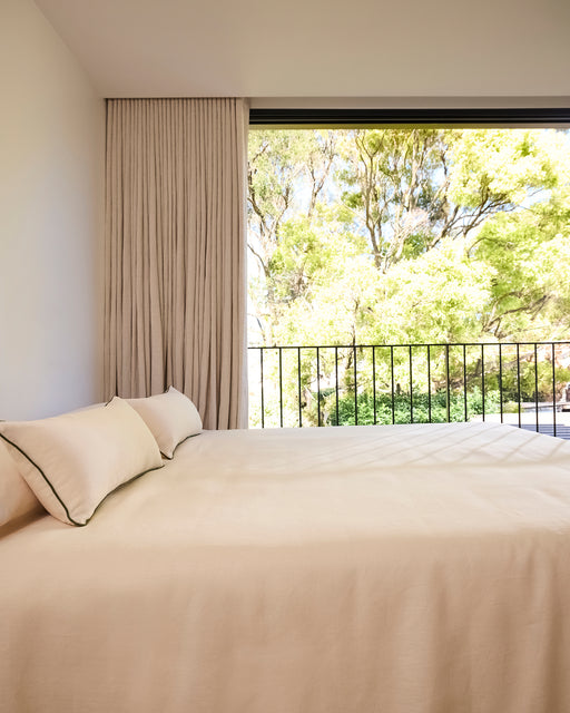 Crème & Olive 100% French Flax Linen Piped Lumbar Cushion Cover