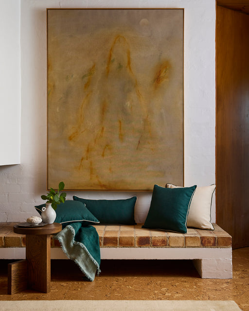 Forest & Crème 100% French Flax Linen Piped Lumbar Cushion Cover