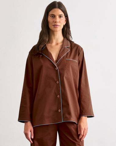 Espresso & Sky Piped Long Sleep Set