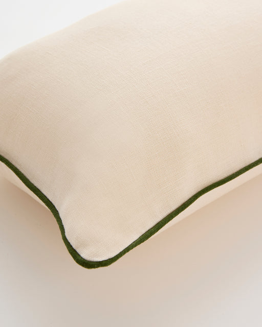 Crème & Olive 100% French Flax Linen Piped Lumbar Cushion Cover