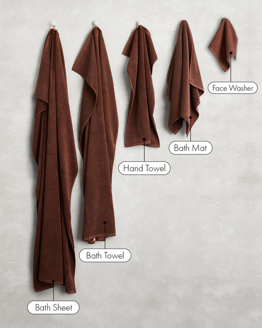 Five plush brown toweling items by Bed Threads hang on a light wall: Espresso 100% Cotton Terry Bath Sheet (largest), Bath Towel, Hand Towel, Bath Mat (shorter, wider), and Face Washer (smallest, square).