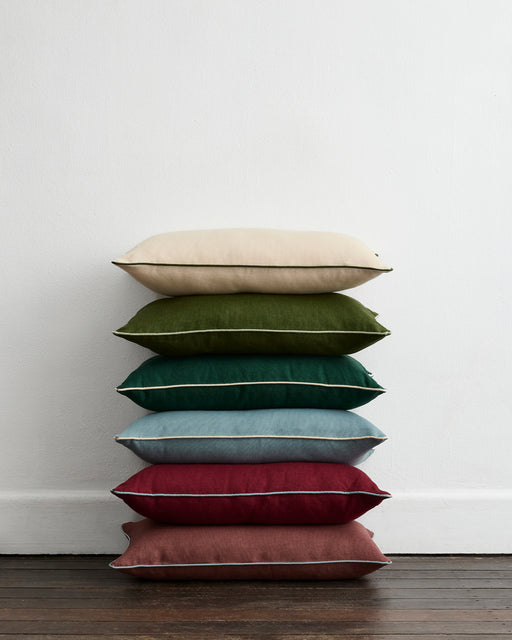 Crème & Olive 100% French Flax Linen Piped Lumbar Cushion Cover