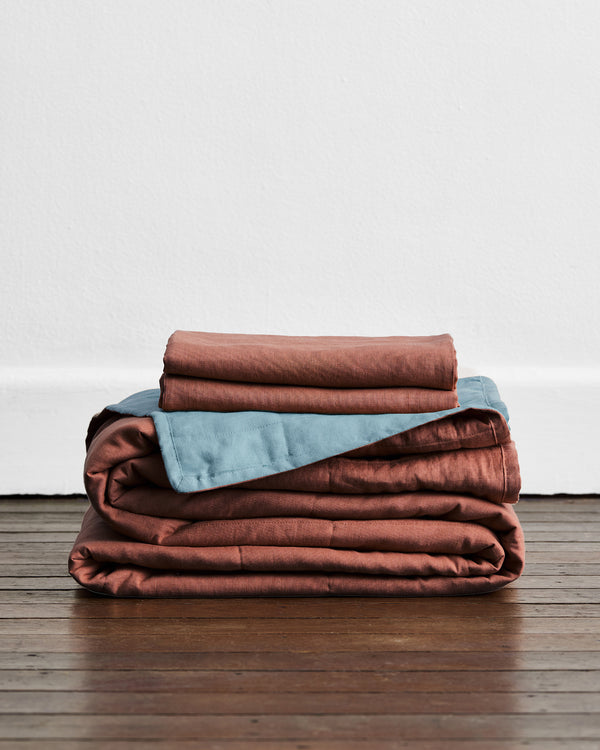 Cacao & Lagoon 100% French Flax Linen Quilt Set