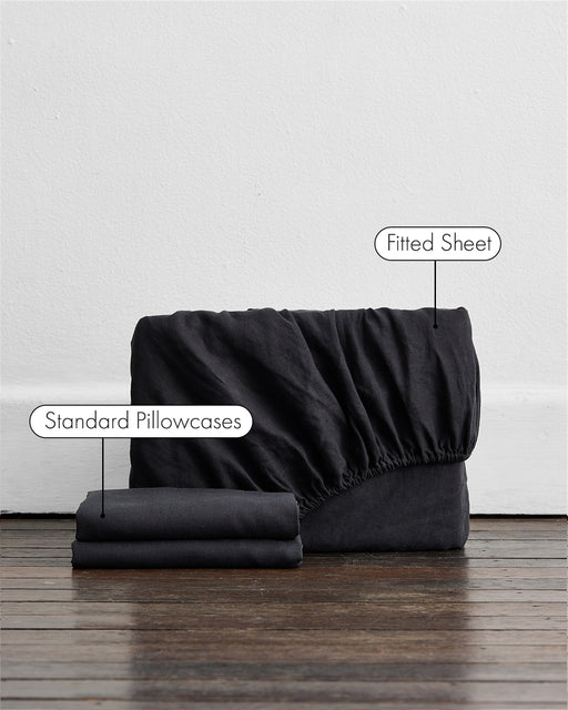 A Charcoal 100% French Flax Linen Fitted Sheet Set by Bed Threads stands upright on a wooden floor, with matching folded pillowcases beside it, all set against a plain white wall.