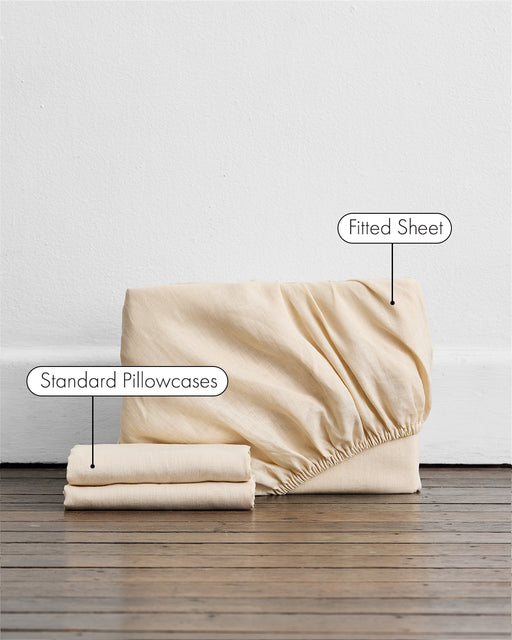 A Bed Threads Crème 100% French Flax Linen Fitted Sheet Set—comprising a folded fitted sheet and two standard pillowcases—rests on a wooden floor by a white wall, with labels reading “Fitted Sheet” and “Standard Pillowcases.”.