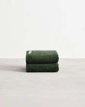 A set of two Moss 100% Cotton Terry Hand Towels by Bed Threads, neatly folded and highly absorbent, rests on a light gray surface against a plain white background. - view