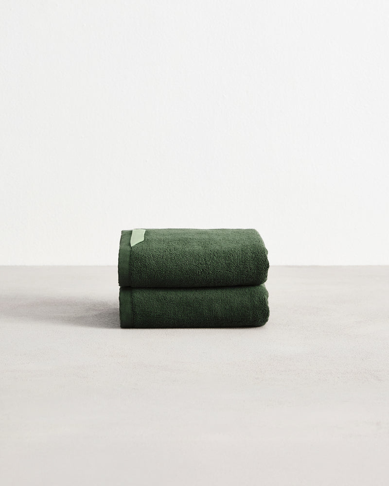 A set of two Moss 100% Cotton Terry Hand Towels by Bed Threads, neatly folded and highly absorbent, rests on a light gray surface against a plain white background.