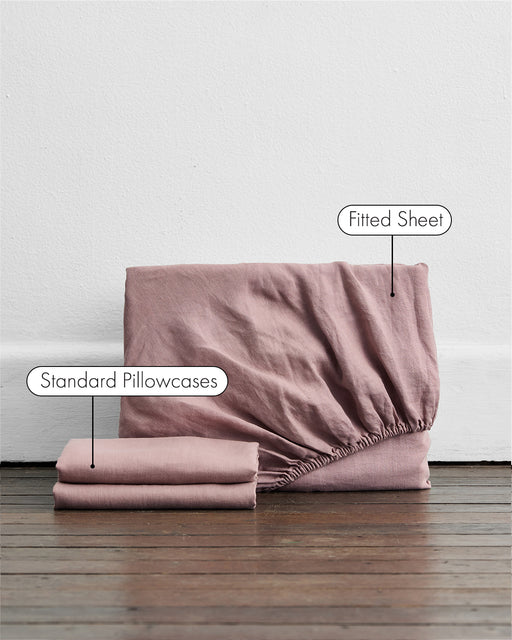 A Bed Threads Lavender 100% French Flax Linen Fitted Sheet Set, including a fitted sheet and two standard pillowcases, is displayed on a wooden floor against a white wall, with labels indicating each item.