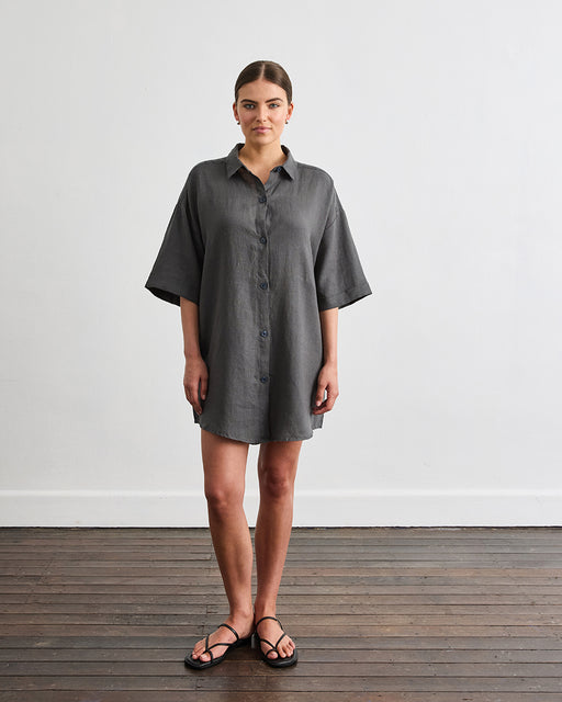 Villa Linen Shirt Dress in Charcoal
