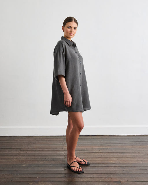 Villa Linen Shirt Dress in Charcoal