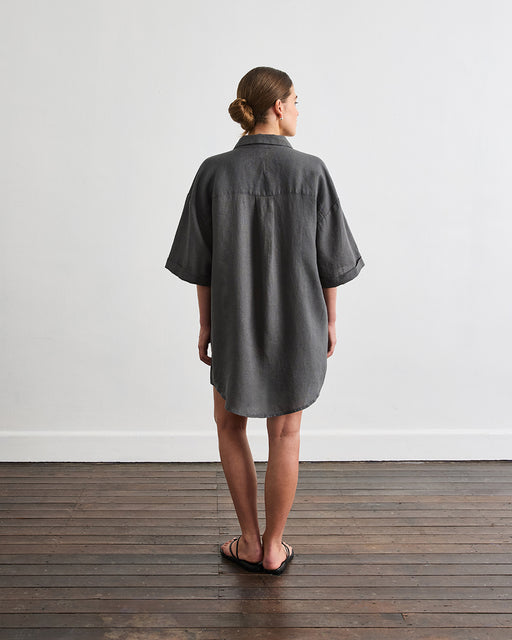 Villa Linen Shirt Dress in Charcoal