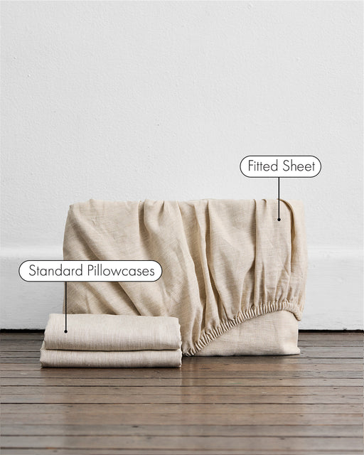 A Bed Threads Oatmeal 100% French Flax Linen Fitted Sheet Set, featuring a folded fitted sheet and two standard pillowcases in beige, is displayed on a wooden floor against a white wall with labels for Fitted Sheet and Standard Pillowcases.