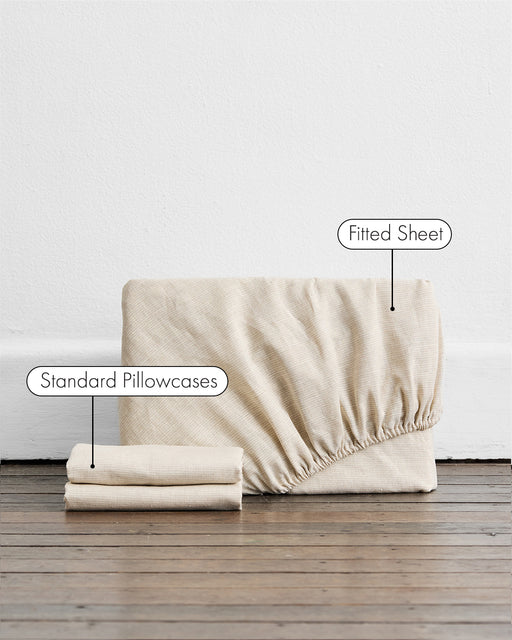 The Bed Threads Oatmeal & White Stripe 100% French Flax Linen Fitted Sheet Set and two matching pillowcases are folded on a wooden floor against a plain white wall, with labeled text identifying each item.