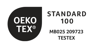 OEKO-TEX STANDARD 100 logo featuring bold text in a black circle on the left and STANDARD 100 MB025 209723 TESTEX in black text on a white background to the right.