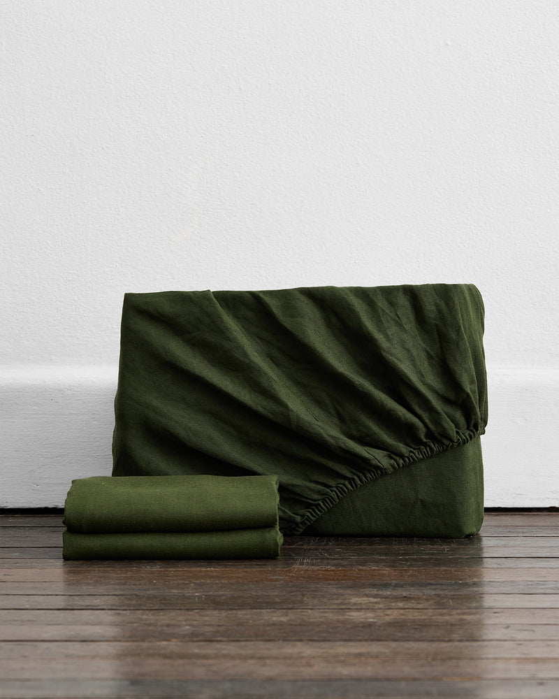 Olive 100% French Flax Linen Fitted Sheet Set