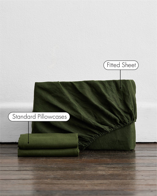 An Olive 100% French Flax Linen Fitted Sheet Set by Bed Threads, including a folded fitted sheet and two standard pillowcases, is displayed on a wooden floor against a white wall.