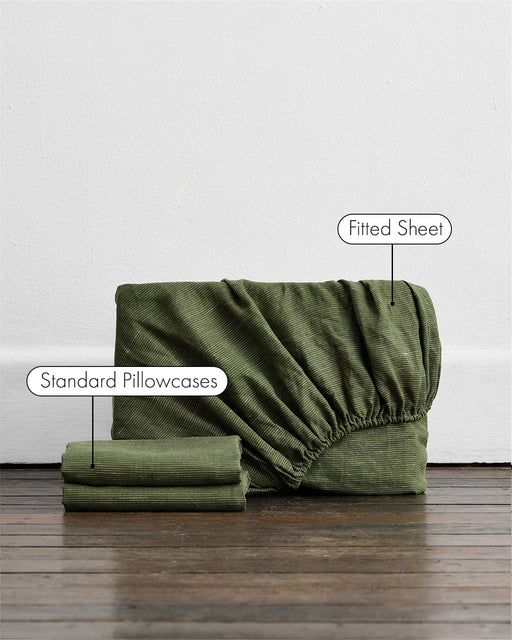 A folded Olive Stripe 100% French Flax Linen Fitted Sheet Set by Bed Threads, including a fitted sheet and two standard pillowcases, is stacked on a wooden floor against a white wall with labels indicating each piece.