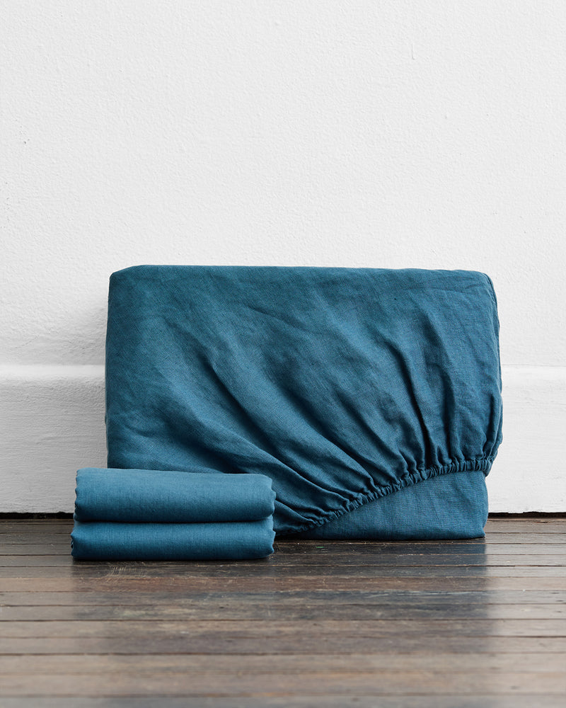 Petrol 100% French Flax Linen Fitted Sheet Set