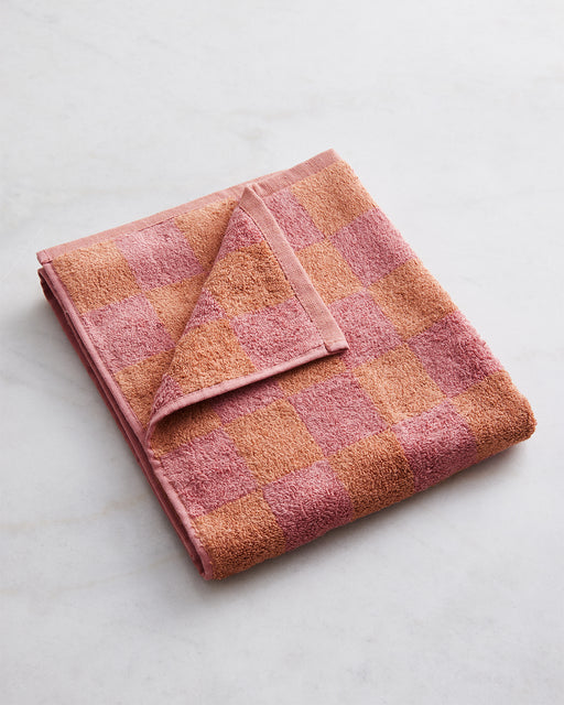 Pink Clay & Hazelnut Check 100% French Flax Linen Terry Bath Mat