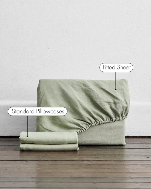 The Bed Threads Sage 100% French Flax Linen Fitted Sheet Set, shown on a wooden floor by a white wall, includes a folded fitted sheet and two standard pillowcases with labels identifying each piece.