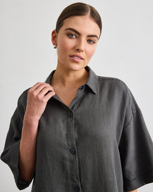 Villa Linen Shirt Dress in Charcoal