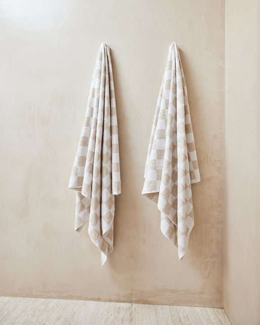 White & Oatmeal Check 100% French Flax Linen Terry Bath Towel