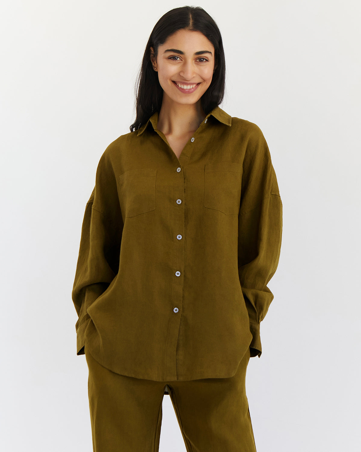 Khaki 100% French Flax Linen Long Sleeve Shirt – Bed Threads