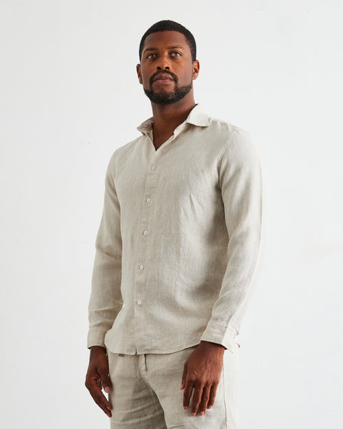 Oatmeal 100% French Flax Linen Men's Long Sleeve Shirt
