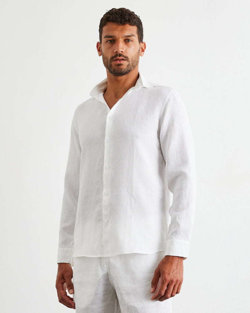 White 100% French Flax Linen Men's Long Sleeve Shirt