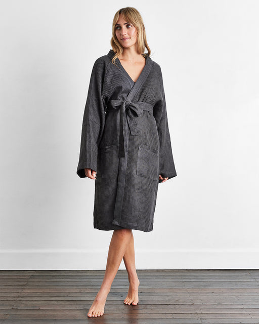 Charcoal 100% French Flax Linen Waffle Robe