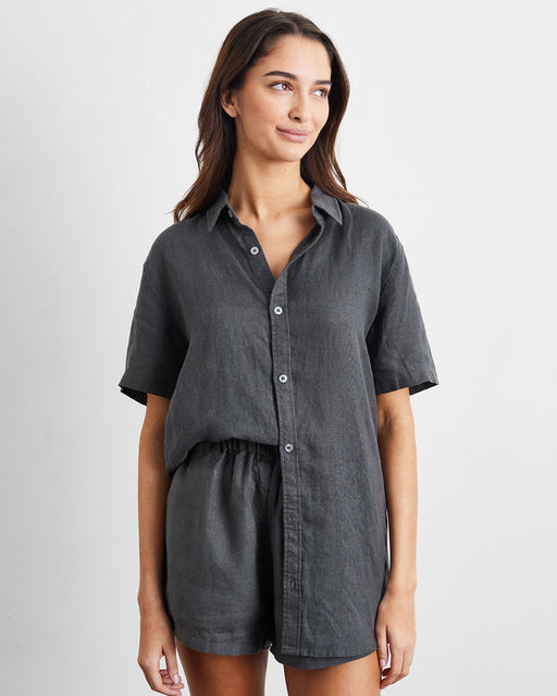 Charcoal 100% French Flax Linen Short Sleeve Shirt
