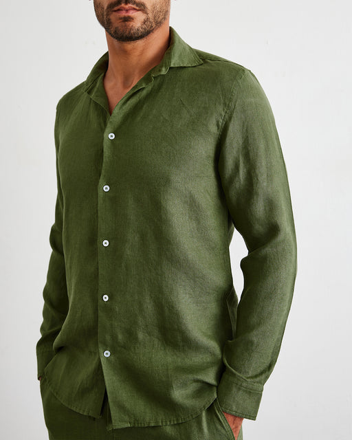 Olive 100% French Flax Linen Men's Long Sleeve Shirt