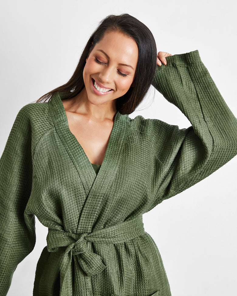 Olive 100% French Flax Linen Waffle Robe – Bed Threads