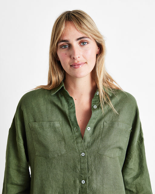 Olive 100% French Flax Linen Long Sleeve Shirt