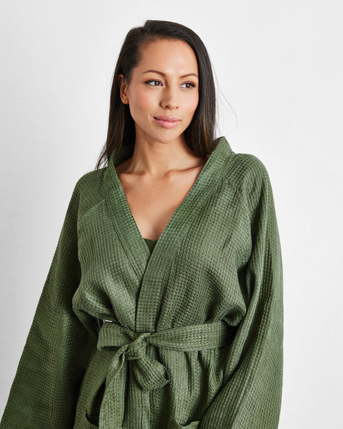 Olive 100% French Flax Linen Waffle Robe