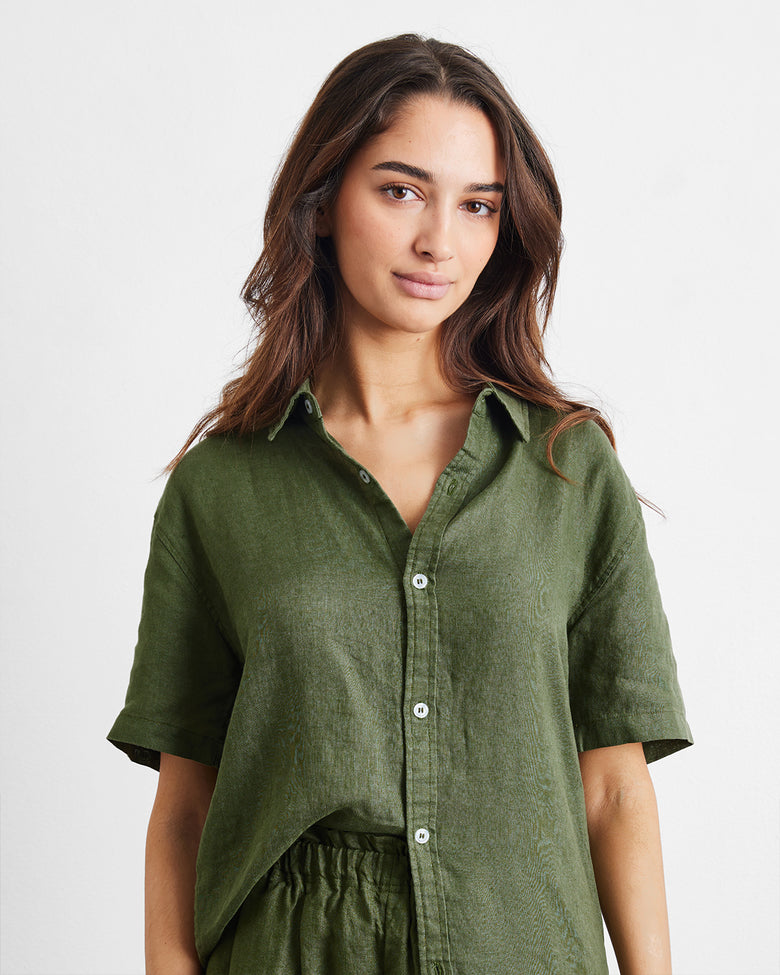 Olive 100% French Flax Linen Short Sleeve Shirt – Bed Threads