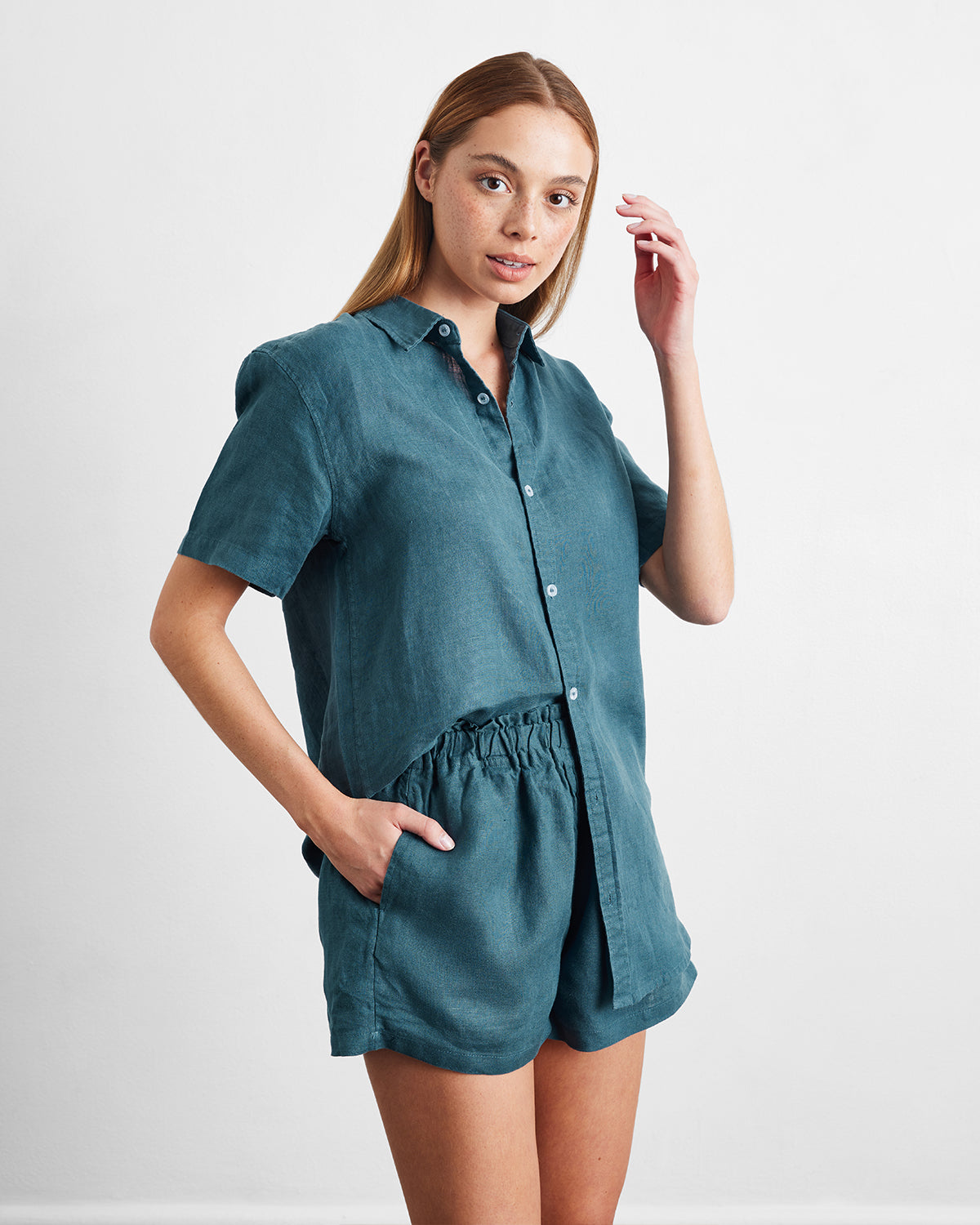 Petrol 100% French Flax Linen Short Sleeve Shirt – Bed Threads