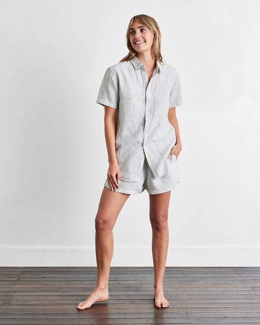 Pinstripe 100% French Flax Linen Short Sleeve Shirt